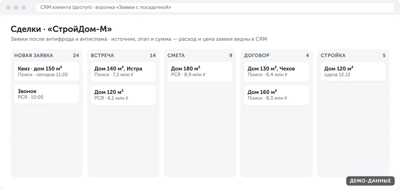 Макет списка заявок в CRM (демо-данные)
